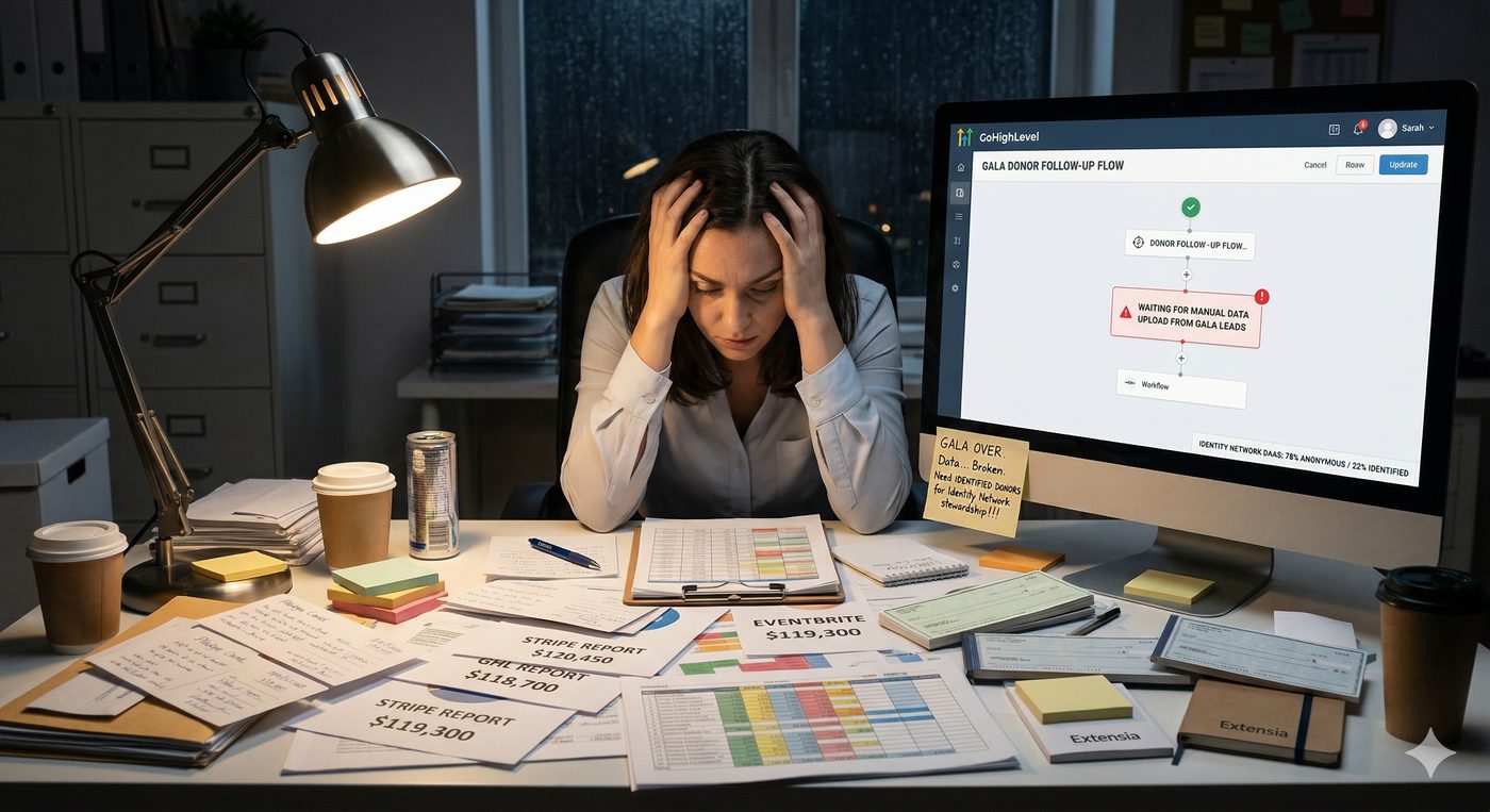 Nonprofit staff reconciling post-event donor transactions late at night