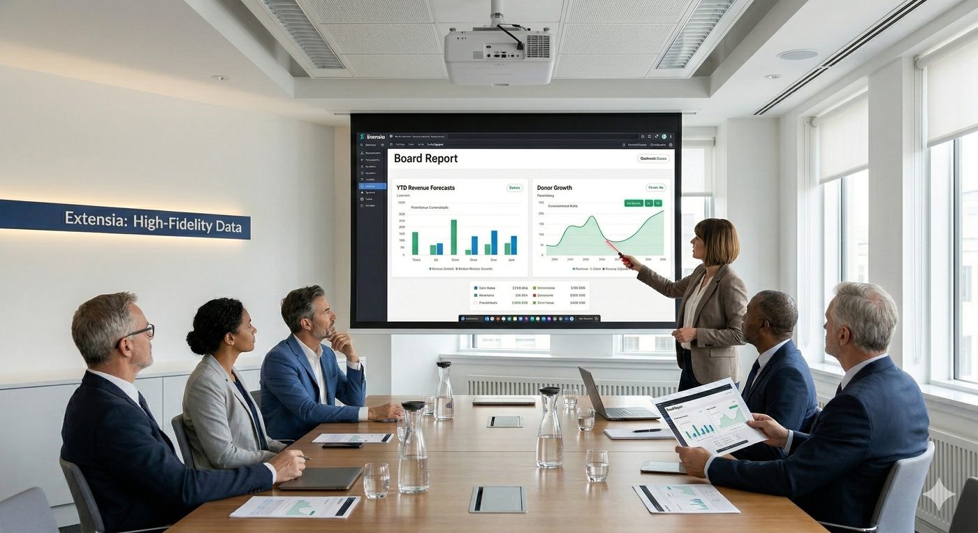 Nonprofit finance team assembling board report from multiple disconnected spreadsheets and platforms