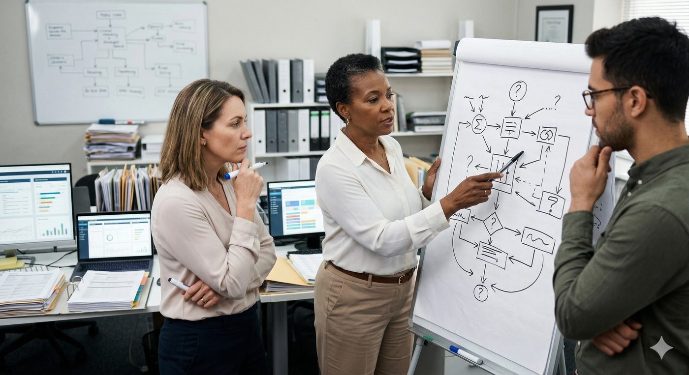 Team reviewing nonprofit operations workflow on whiteboard