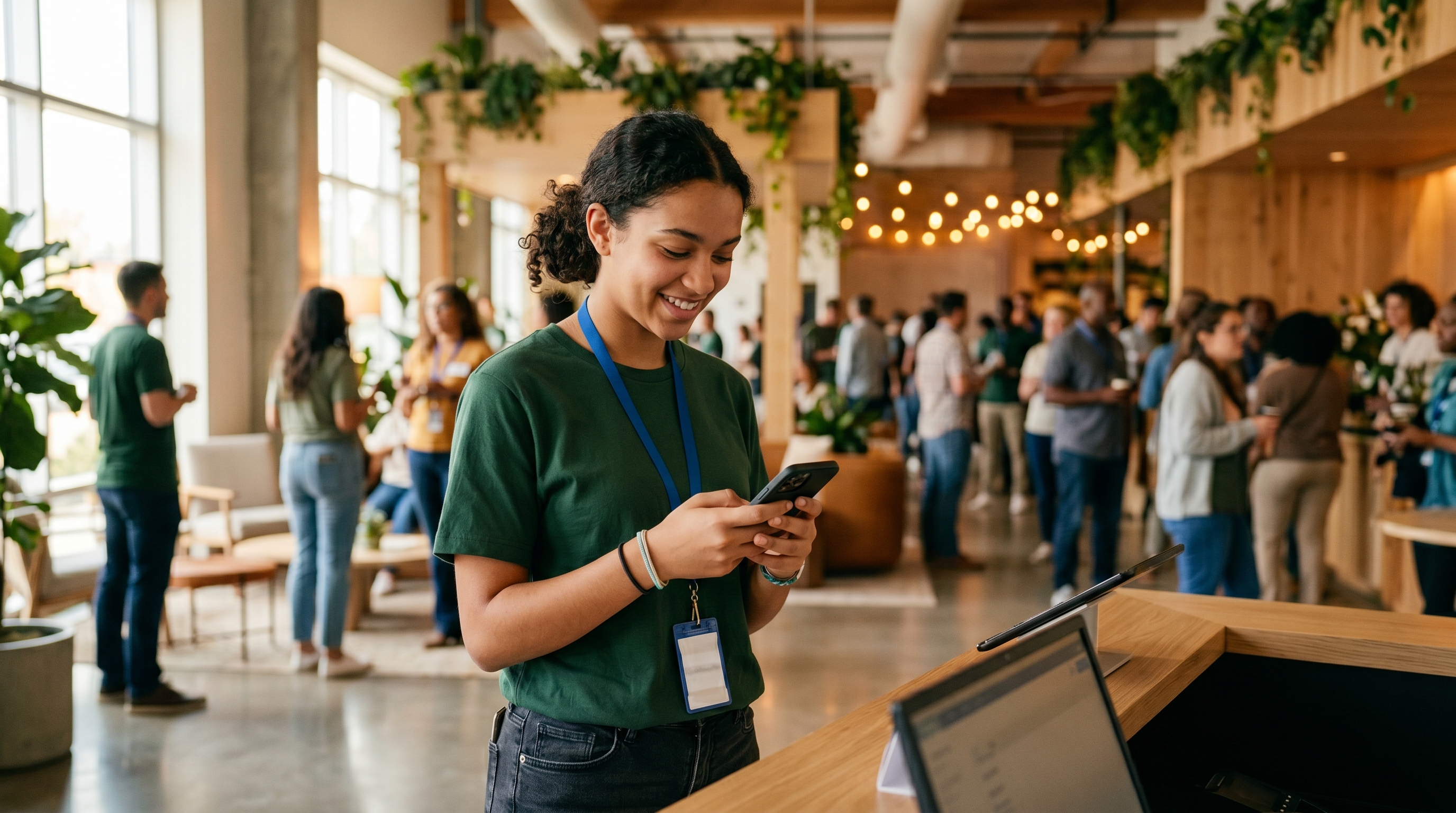 Young volunteer using phone at nonprofit check-in event, representing the generational constituent journey from first shift to lifetime donor