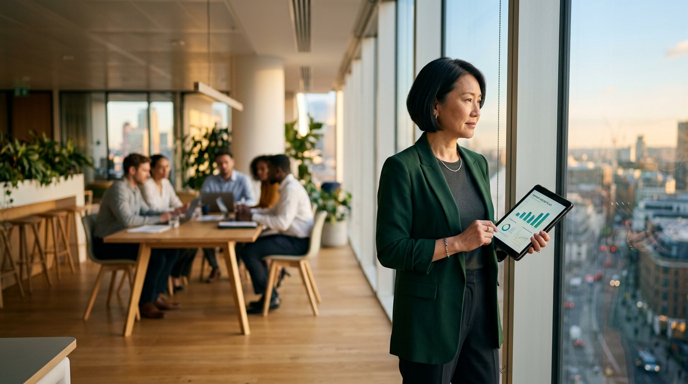 Nonprofit executive reviewing donor retention data on tablet with diverse team in background