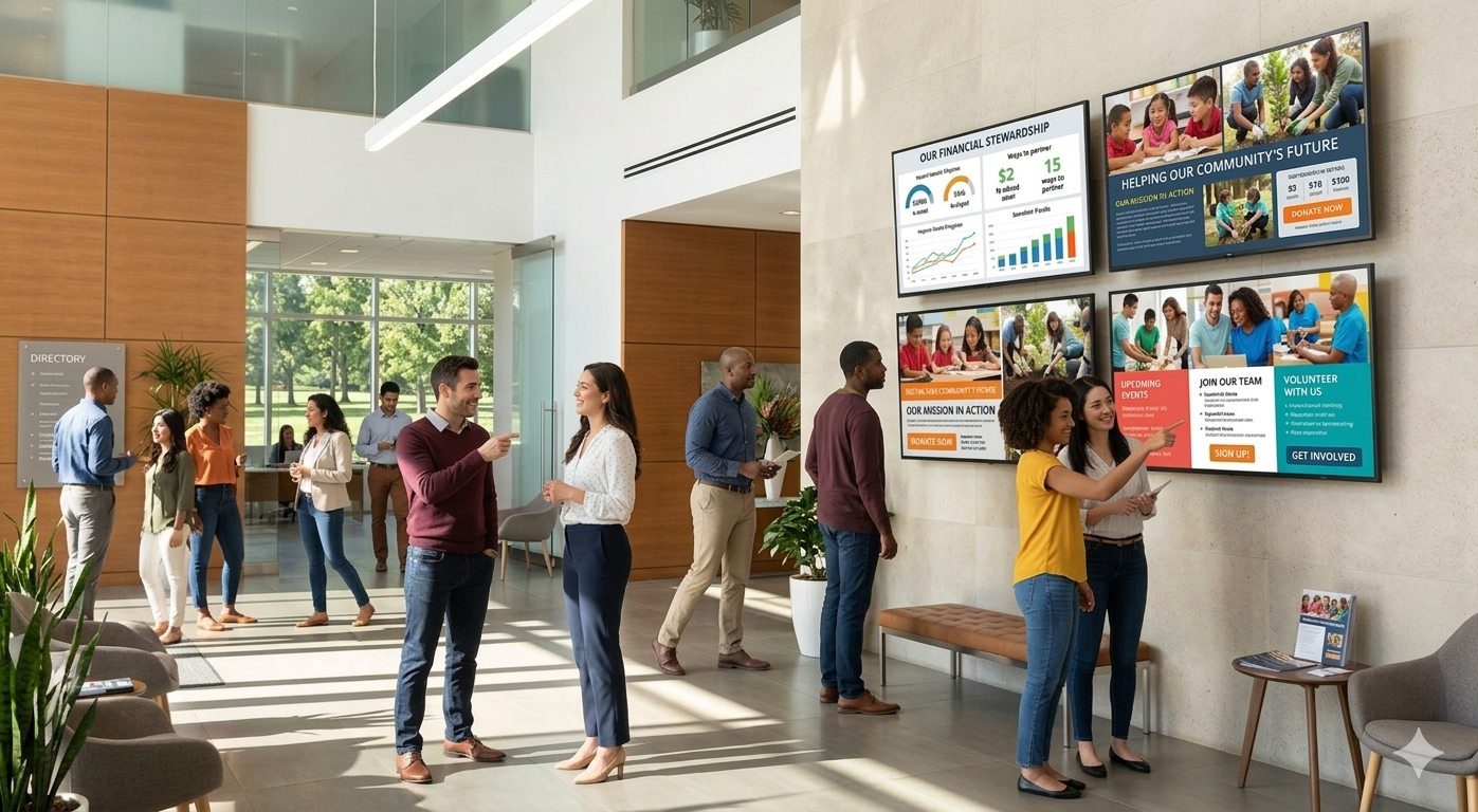 Nonprofit lobby screens showing community mission content