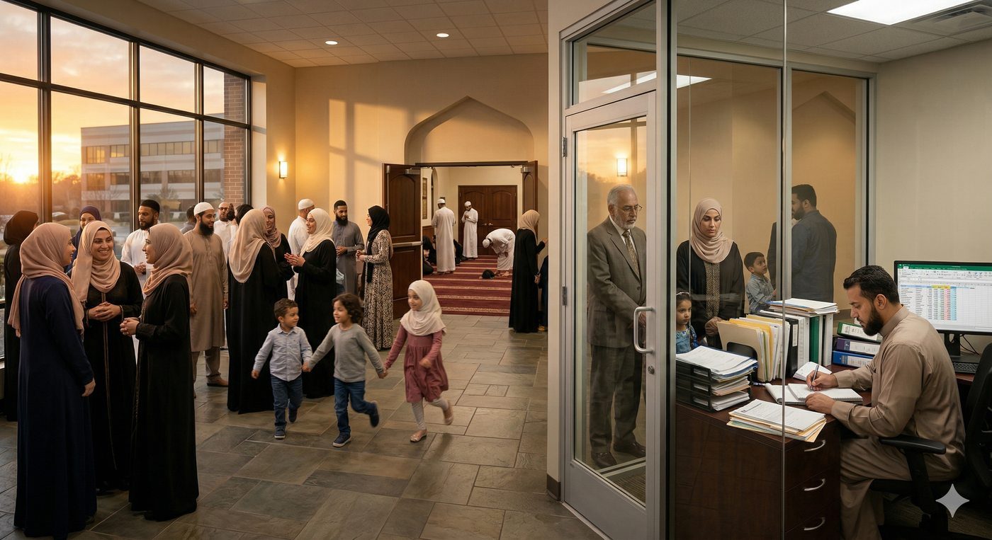 Muslim community gathering at mosque during Ramadan sunset