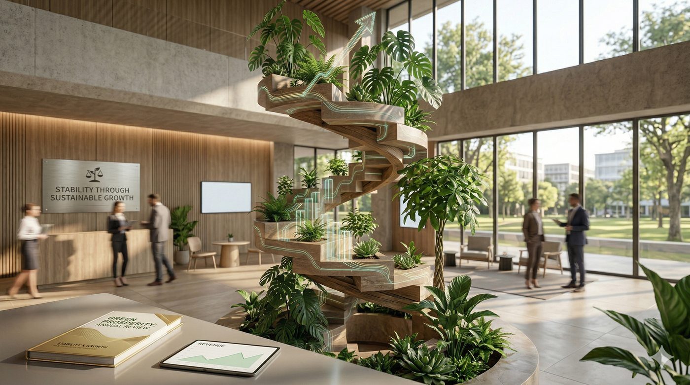 Spiral staircase with plants representing sustainable growth and recurring giving