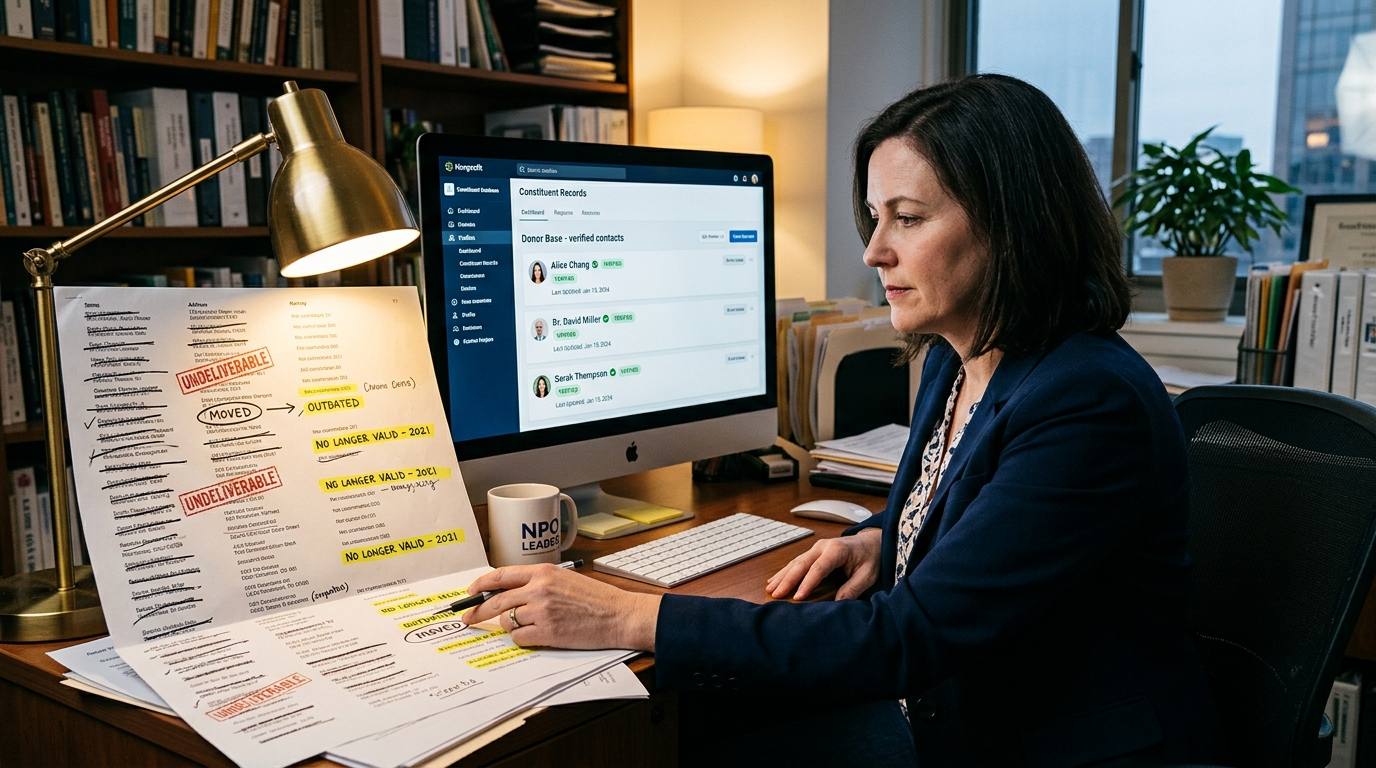 Nonprofit development director comparing a stale printed donor list with clean live constituent records on a modern platform dashboard
