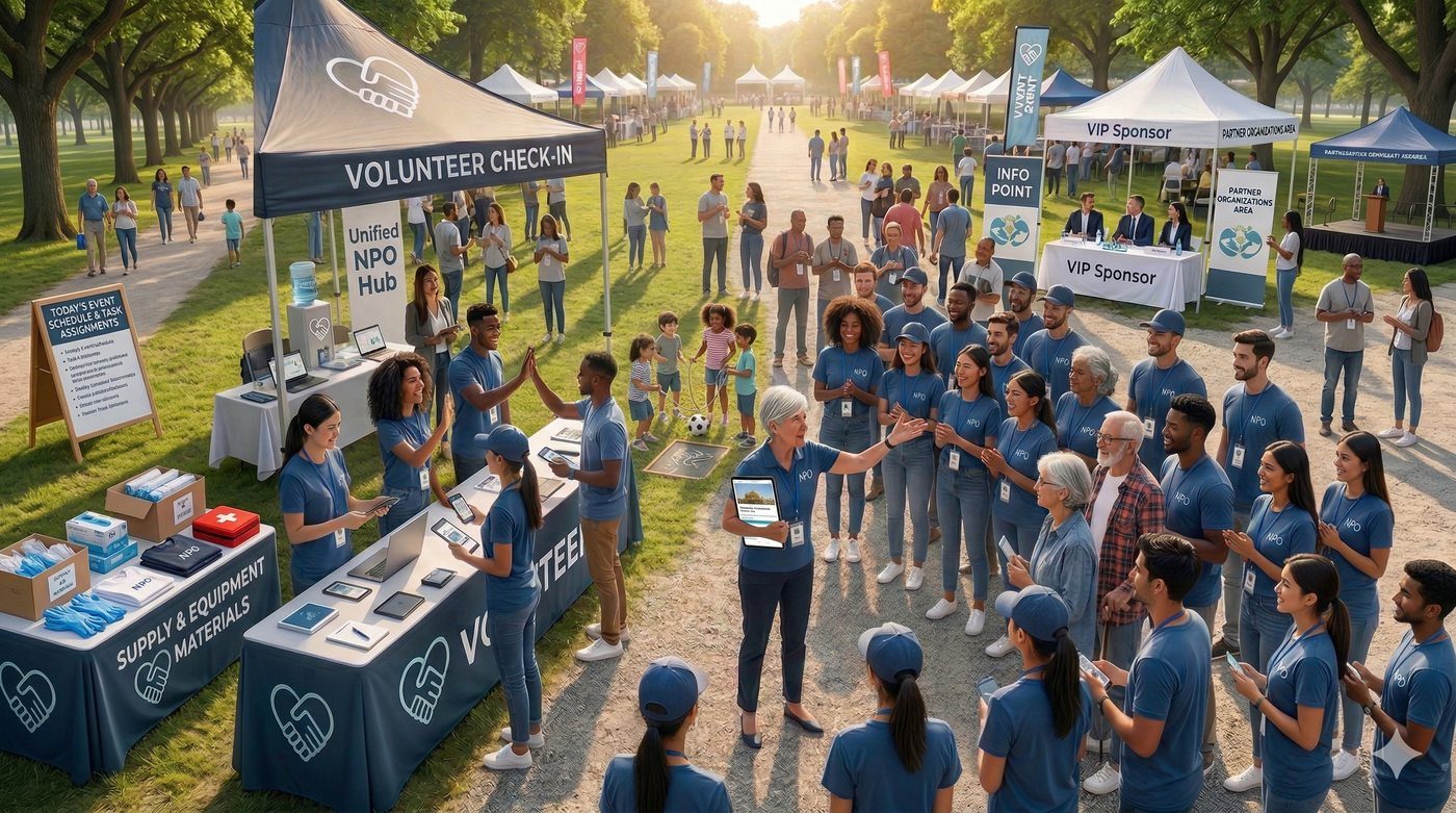 Volunteer check-in at NPO community event with coordinators and participants