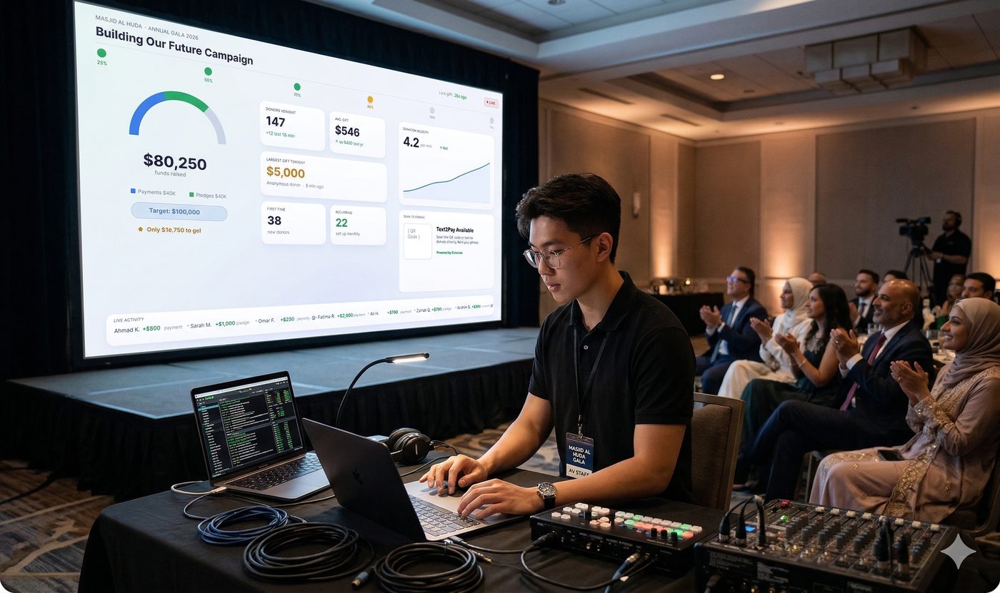 AV technician managing live fundraiser dashboard on projector screen with engaged audience