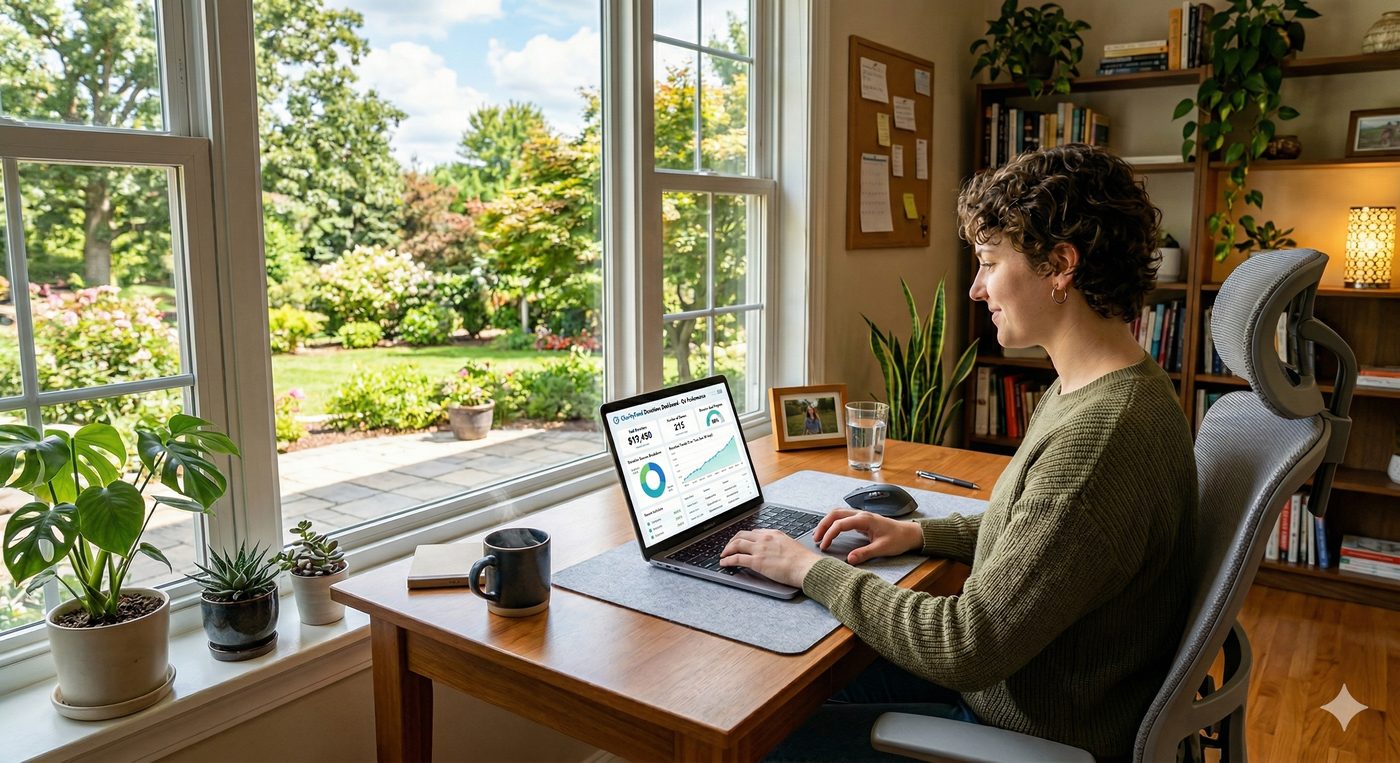 Nonprofit administrator managing donation dashboard on laptop from home office