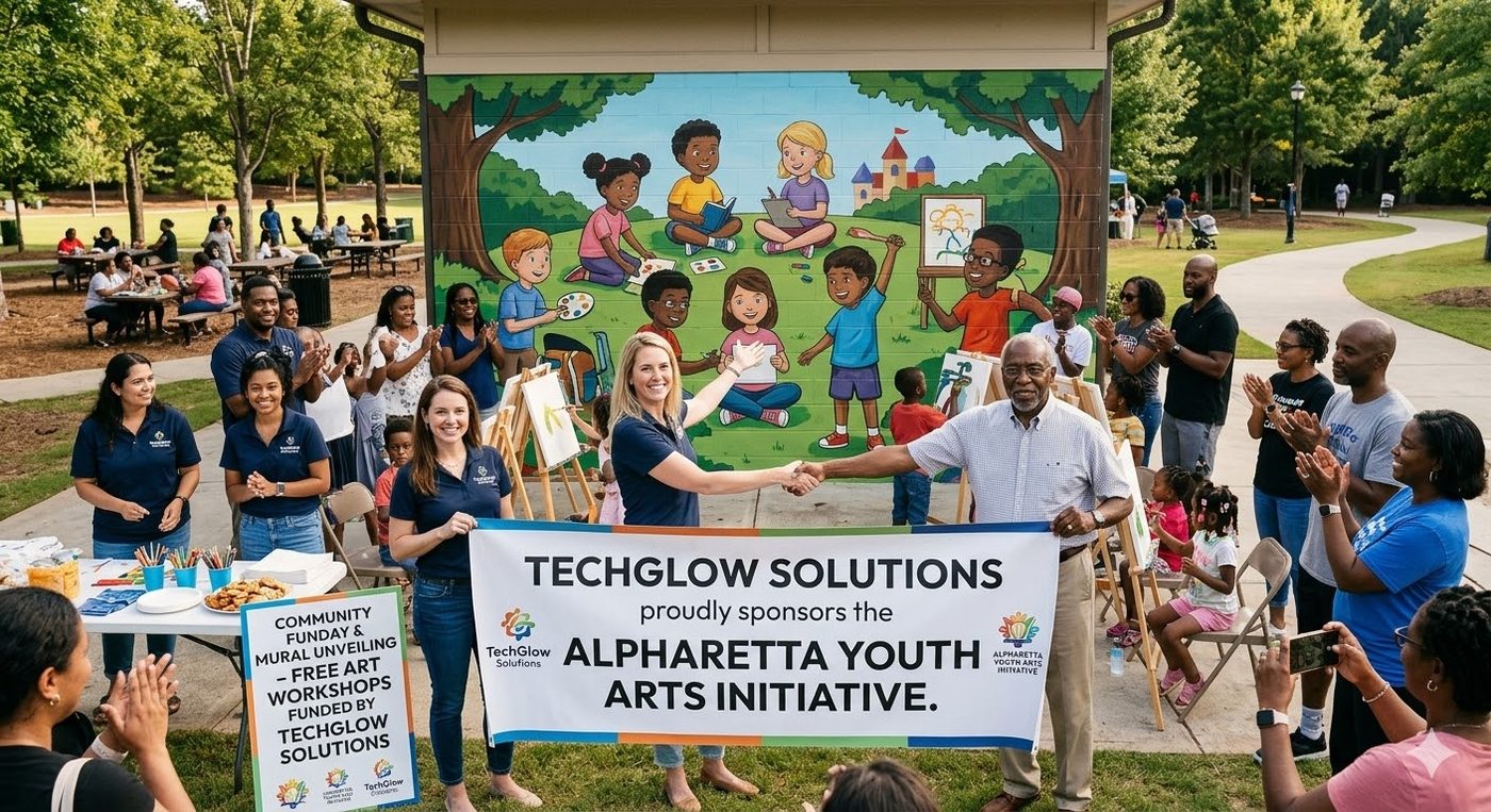 Corporate sponsor handshake at community youth arts initiative event